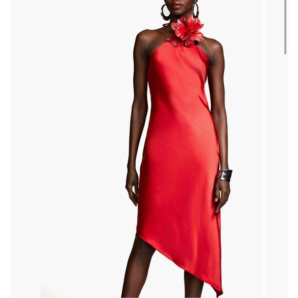 Halston Joellen Floral Detail Asymmetric Crushed Satin Halter Dress size 4 NWT - Picture 1 of 8